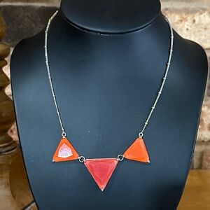 Vintage Geometric Orange and Pink Triangle statement gold tone necklace